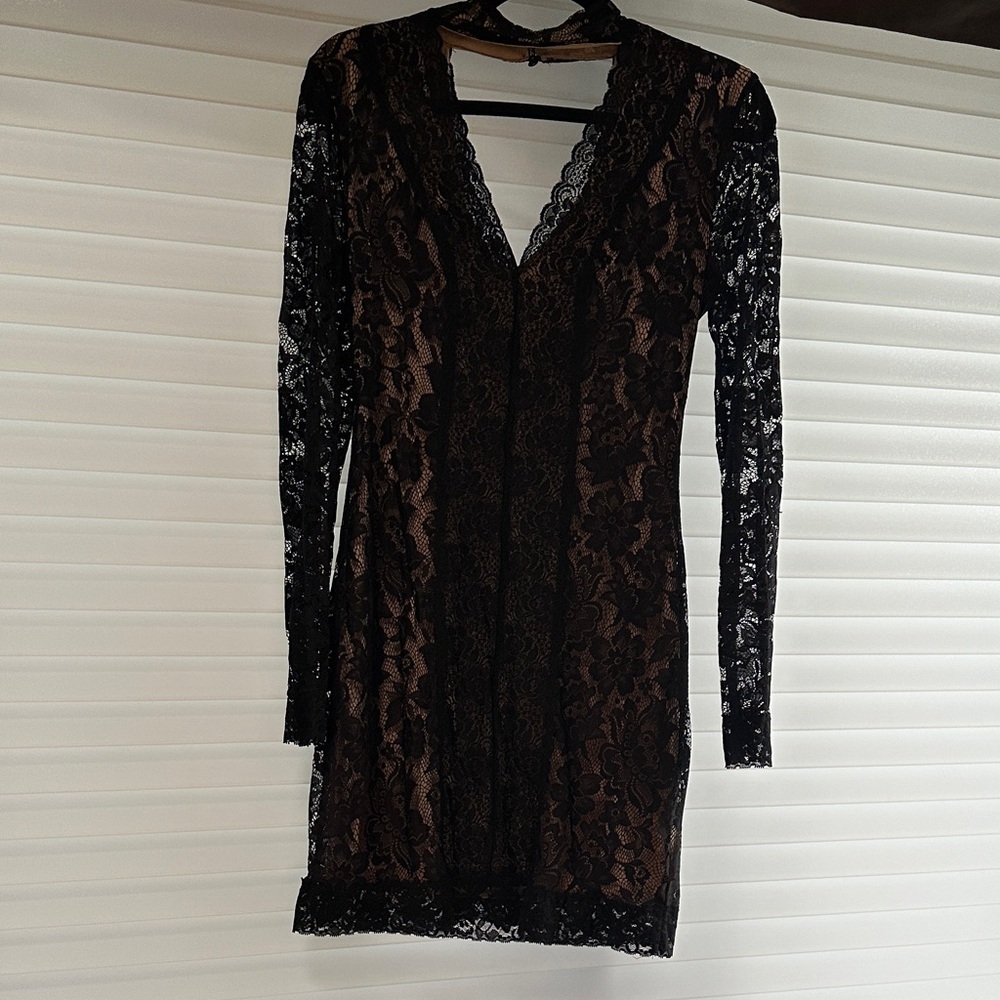 bebe Black and Brown Lace Long Sleeve Dress - Picture 1 of 3